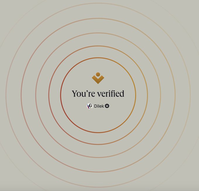 A 'You're verified' notification screen for 'Dilek' displayed against a background of concentric orange circles.