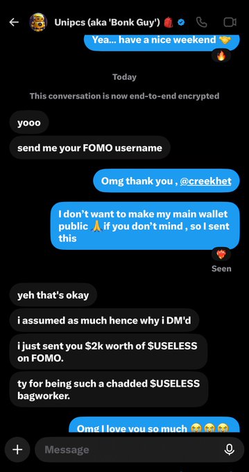 A Signal message from "Unipcs (aka 'Bonk Guy')" showing the recipient being tipped $2k worth of $USELESS on FOMO and thanked by Unipcs as a top community contributor, directly illustrating the gratitude moment referenced in the caption about $USELESS's journey back to ATH.