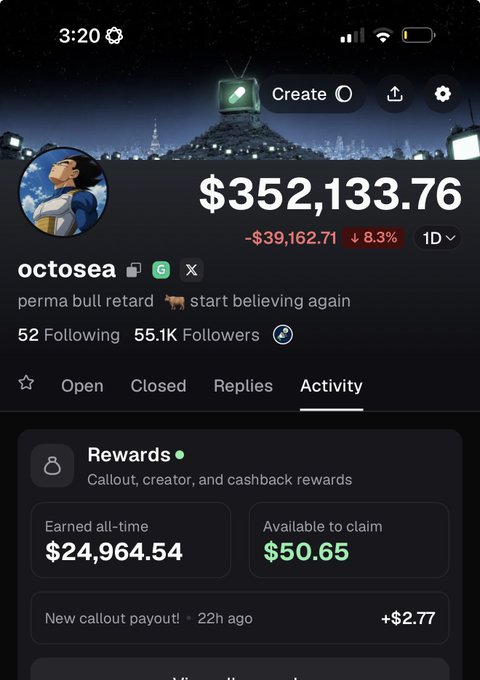 A mobile app profile screen for user 'octosea' shows a portfolio value of $352,133.76, down 8.3% ($39,162.71) over 1 day, with 55.1K followers and lifetime rewards of $24,964.54.