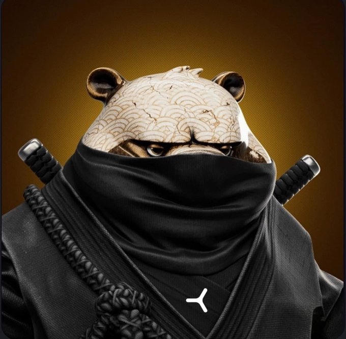 A digitally rendered panda dressed as a ninja, wearing a black mask and traditional garb with two swords crossed behind its back, stands against a dark amber background. A small "Y" logo appears on its chest, symbolizing its connection to the $YOM community and cloud gaming narrative.