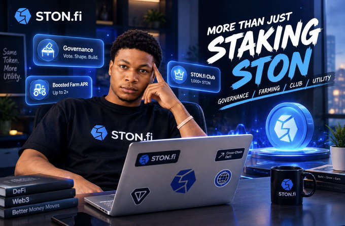 A promotional graphic for STON.fi cryptocurrency platform featuring a young man in a STON.fi t-shirt at a laptop, highlighting features like Governance, Boosted Farm APR (up to 2x), and STON.fi Club, with the tagline 'MORE THAN JUST STAKING STON'.