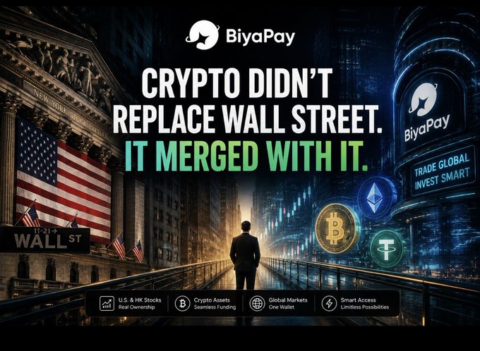 A BiyaPay ad reading 'CRYPTO DIDN'T REPLACE WALL STREET. IT MERGED WITH IT.' showing a figure looking at the New York Stock Exchange alongside Bitcoin, Ethereum, and Tether logos.