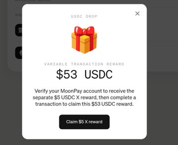 A screenshot of a pop-up window displaying a "USDC DROP" reward offer of $53 USDC for verifying a MoonPay account and completing a transaction.
