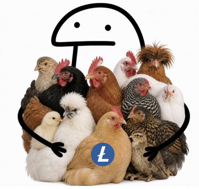 The image features a simple line-drawn character with outstretched arms protectively embracing a diverse group of chickens and chicks of various breeds and colors, with the Litecoin "Ł" logo visible on one of the central birds.

The whimsical illustration visually reinforces the post's message of "This we must protect," using the hug as a metaphor for safeguarding valued assets—likely symbolizing protection of one's crypto investments, with the Litecoin logo marking it as a community or currency worth defending.