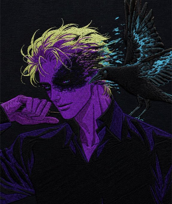 A stylized illustration depicts a figure with purple-toned skin, yellow hair, and a black mask, with a black bird perched on their shoulder against a dark background.