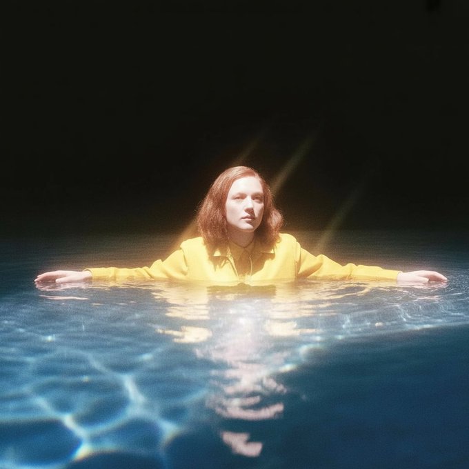 A young person with shoulder-length reddish hair wearing a yellow long-sleeved shirt stands waist-deep in a swimming pool at night, illuminated by dramatic lighting from above.