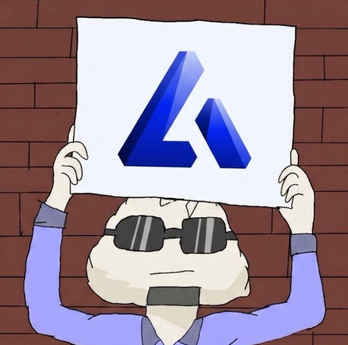 A cartoon character wearing sunglasses holds up a white sign displaying a blue Avalanche (AVAX) logo against a brick wall background.