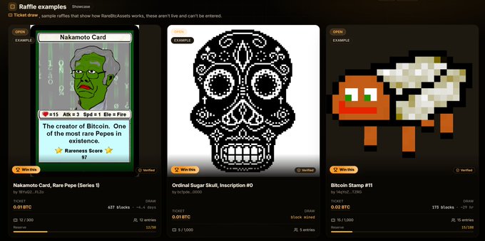 The image displays a "Raffle examples" showcase featuring three rare digital collectibles: a "Nakamoto Card, Rare Pepe (Series 1)" priced at 0.018 BTC with a 87 rareness score, an "Ordinal Sugar Skull, Inscription #0" at 0.018 BTC, and a "Bitcoin Stamp #11" at 0.02 BTC, all marked as "EXAMPLE" entries. The display directly supports the post's announcement about an upcoming non-custodial raffle platform spanning Counterparty, Ordinals, and Stamps, highlighting high-value holy grail assets users could potentially win.