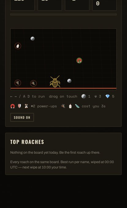 A dark-themed arcade game interface featuring a pixelated cockroach on a grid, with controls '← → / A D to run drag on touch,' power-up icons, and a 'TOP ROACHES' leaderboard.