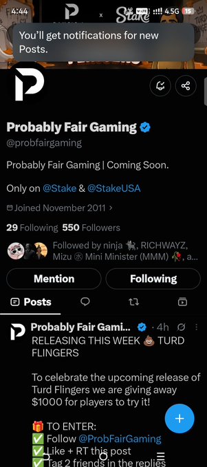 A screenshot of a Twitter/X profile for 'Probably Fair Gaming' (@probfairgaming), announcing a giveaway for 'Turd Flingers' with entry instructions.