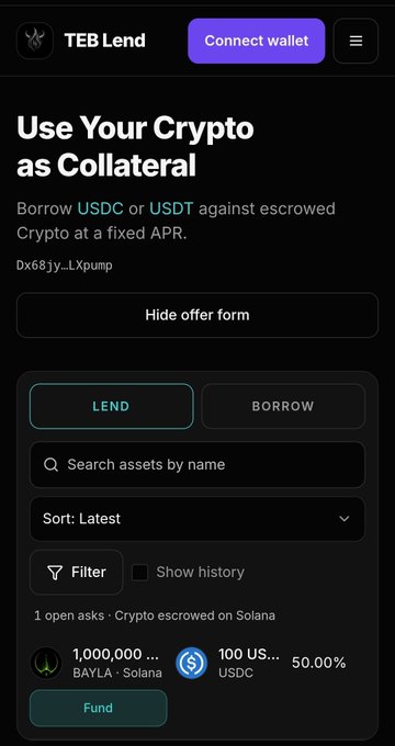 A mobile screenshot of a TEB Lend interface showing 'Use Your Crypto as Collateral' with options to borrow USDC or USDT, featuring a lend/borrow tab and a 'Fund' button.