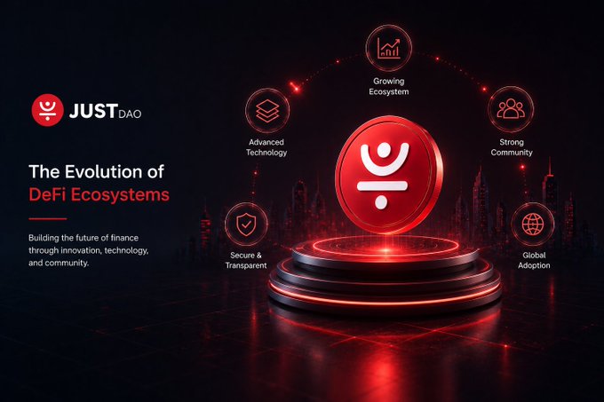 A promotional graphic for 'JUST DAO' titled 'The Evolution of DeFi Ecosystems' featuring a glowing red coin/token logo surrounded by five icons: Growing Ecosystem, Strong Community, Advanced Technology, Global Adoption, and Secure & Transparent.