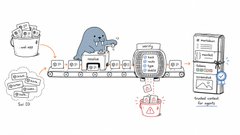 The image presents a cartoon depiction of a process where a blue whale is shown creating a website or web application, while a Walrus Storage container holds the actual website or web application. The process involves transferring the web application from the container into the Walrus Storage container and then uploading it to a server for distribution. The text in the image provides context about this process, including the names of the characters involved (the blue whale and the Walrus Storage container) as well as the purpose of the process (to create or distribute websites).