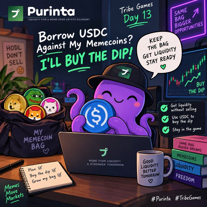A promotional graphic for Purinta featuring a purple octopus character at a laptop with text 'Borrow USDC Against My Memecoins? I'LL BUY THE DIP!' for Tribe Games Day 13.