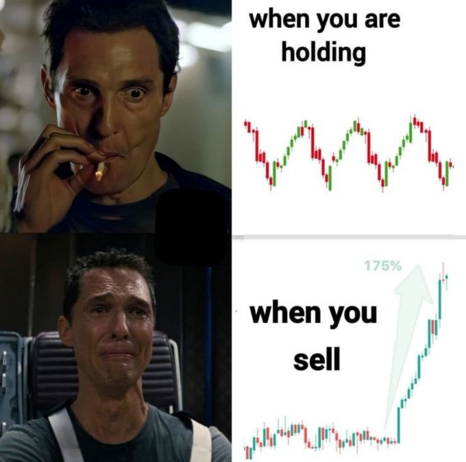 A two-panel meme featuring an actor's shocked and tearful faces contrasted with stock charts, illustrating the frustration of holding a sideways-trending stock (top, "when you are holding") only for it to surge 175% after selling (bottom, "when you sell"). The humor perfectly captures the common trading experience of selling a position right before a major breakout.