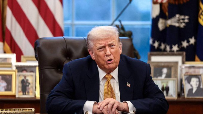 Donald Trump is pictured in the Oval Office, with the US flag behind him, as the accompanying post details significant underperformance of cryptocurrencies like $BTC and $ETH compared to traditional assets during his presidency.