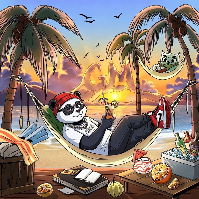 A cartoon illustration of a cool panda wearing sunglasses, a red beanie, and sneakers, lounging in a hammock on a beach with palm trees, holding a drink, with a small green cat character in another hammock and the letters "GM" in the sunset.