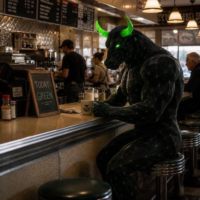 A geometric black bull with glowing green horns and eyes sits at a diner bar holding a coffee cup, next to a chalkboard reading "TODAY: GREEN." The "GREEN" specialty ties into the bullish $HBULL theme, symbolizing a strong "GM" market day while the horned creature enjoys its coffee.