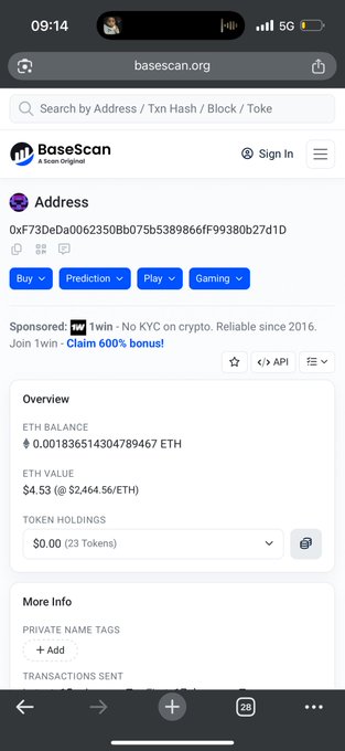 A BaseScan screenshot showing an ETH balance of 0.001836514304789467 ETH (worth $4.53) at address 0xf73De0a0062350b075b538966f99380b27d1D, illustrating the user's claim about holding only around $4 despite ETH appearing in their Base app.