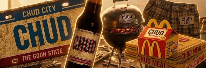 A promotional banner for 'CHUD CITY - THE GOON STATE' features various merchandise including a license plate, a beer bottle, a grill, plaid shorts, and McDonald's-style happy meal boxes labeled 'CHUD MEAL'.