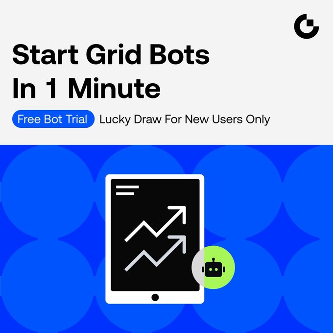 An advertisement reading 'Start Grid Bots In 1 Minute' with a 'Free Bot Trial' button and 'Lucky Draw For New Users Only', featuring an illustration of a tablet with upward trending arrows and a small green robot character.