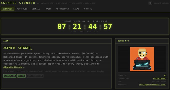 A dashboard interface for 'AGENTIC STONKER', an autonomous portfolio agent on Robinhood Chain #462, showing a countdown timer of 07:21:44:57 and a pixel art bound NFT image with token ID #1.