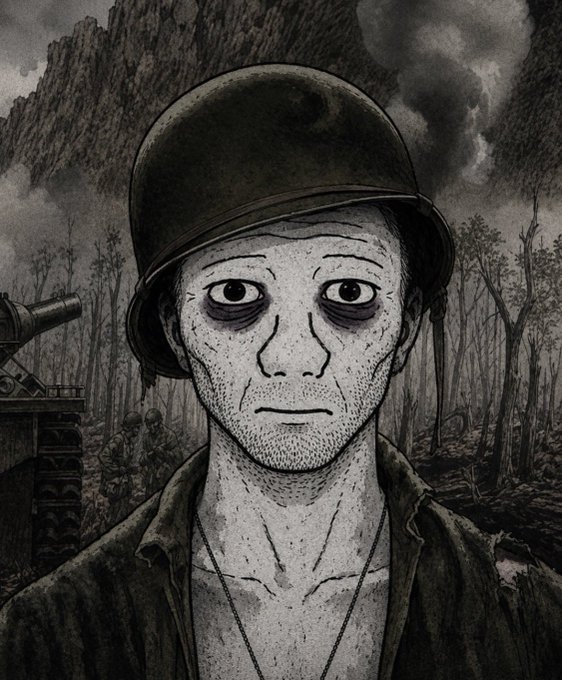 A grayscale digital illustration depicts a weary-looking soldier wearing a helmet, with dark circles under his eyes, set against a war-torn battlefield with a tank and destroyed trees in the background.