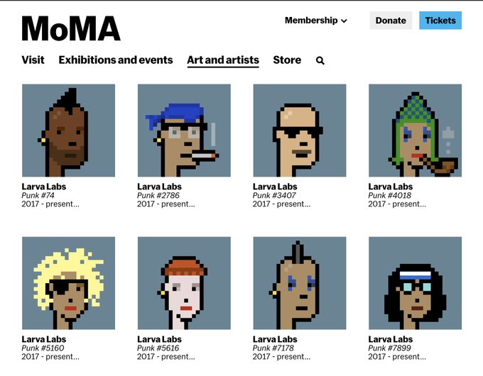 The MoMA website's 'Art and artists' section displaying a grid of LarvaLabs CryptoPunks (#74, #2786, #3407, #4018, #5160, #5616, #178, #7899) as if they were museum artworks.