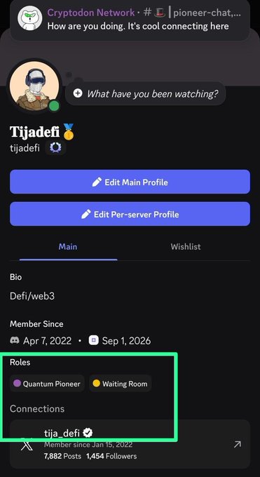 The screenshot displays a Discord profile for user Tijijadefi (member since Apr 7, 2022) showing their earned "Quantum Pioneer" role in the Quantum Pioneer and Waiting Room categories, visually confirming their early access claim to the QMSNetwork Discord as mentioned in the post.
