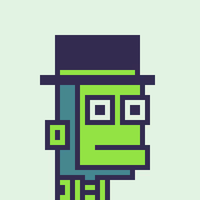 A pixel art illustration of a Frankenstein-style green character wearing a dark top hat.