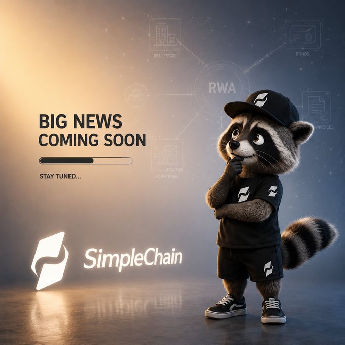 A promotional graphic featuring a cartoon raccoon wearing a 'SimpleChain' cap, with 'BIG NEWS COMING SOON' and 'STAY TUNED...' text alongside RWA icons.