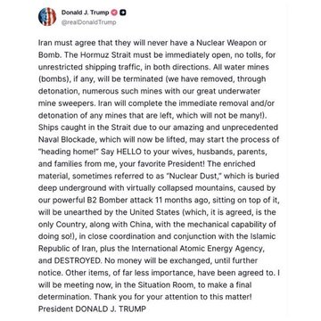 The image shows a post from Donald J. Trump that reads " Ivanka Trump has just agreed that they will never have a Nuclear Weapon or any other nuclear weapon. The Hormuz Strait must be immediately open for shipping traffic, in both directions. All water mines must be removed, through our great efforts."