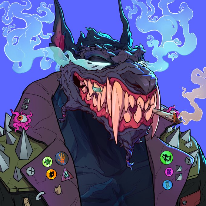 A stylized digital illustration of a monstrous, fanged creature with horns, smoking a cigar, wearing a studded jacket covered in pins and patches.