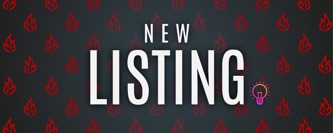 A banner graphic announcing a 'NEW LISTING' in bold white text against a dark background patterned with red flame icons and featuring a lightbulb emoji.