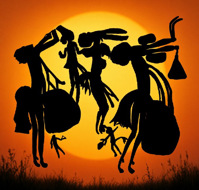 Black silhouettes of two large figures carrying bags and bundles are set against a vibrant orange sunset with a large yellow sun.