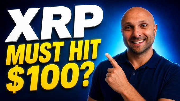 A smiling bald man in a blue polo points toward bold text reading "XRP MUST HIT $100?" on a blue gradient background, visually promoting a bullish price prediction for XRP. The image pairs with the post about Ripple's MiCA license and Clearstream partnership, which builds the institutional infrastructure case suggesting why XRP could reach $100.