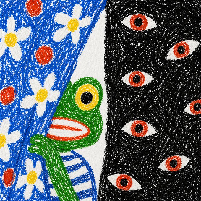 Colorful crayon-style drawing divided into two halves: a blue side with white daisies and a green frog-like character, and a black side with multiple red and white eyes.