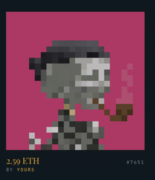 A pixel art character smoking a pipe is displayed against a magenta background, labeled "2.59 ETH" by "YOURS" with the edition number "#7651," illustrating a low-fee NFT sale that reflects the seller's confidence highlighted in the post.