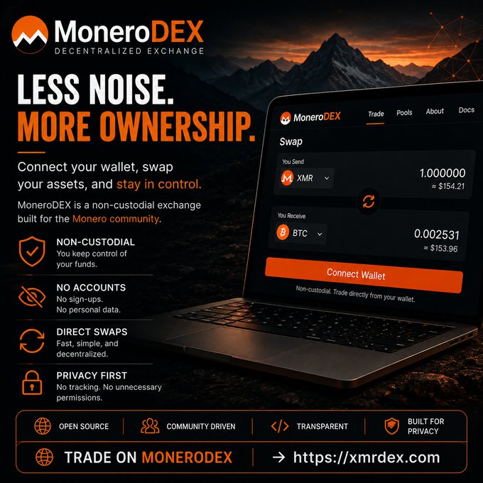 A promotional advertisement for "MoneroDEX" featuring a laptop displaying a cryptocurrency swap interface between XMR and BTC, with text emphasizing "LESS NOISE. MORE OWNERSHIP." and "TRADE ON MONERODEX https://xmrdex.com".