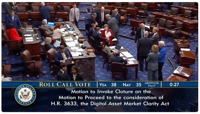 The image shows a U.S. Senate chamber during a roll call vote on a motion to invoke cloture on H.R. 3633, the Digital Asset Market Clarity Act, with the tally displayed as 38 Yea and 35 Nay, illustrating the caption's mocking concern that older lawmakers are ill-equipped to regulate digital assets they themselves struggle to understand or use.