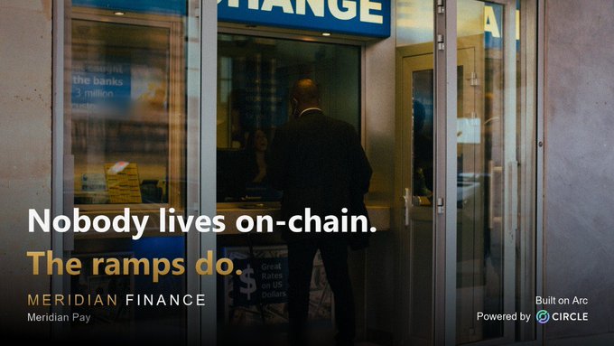 A man stands at a currency exchange booth at night, overlaid with text reading 'Nobody lives on-chain. The ramps do.' branded with 'MERIDIAN FINANCE' and 'Powered by CIRCLE'.