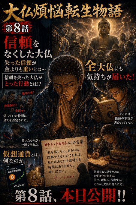 A Japanese-language promotional poster titled '大仏煩悩転生物語 第8話' (Great Buddha Reincarnation Story, Episode 8) titled '信頼をなくした大仏' (The Great Buddha Who Lost Trust), featuring Buddha-like figures and text about cryptocurrency and Bitcoin, with a release announcement at the bottom.