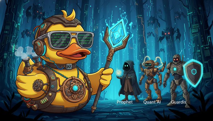 The image features a cartoon duck wearing glasses, holding a wand with a crystal ball attached to it, surrounded by other characters from a video game or animation. The text "New Wallchain Campaigns" suggests that this scene might be related to a new campaign in the game or an advertisement for the game's new campaign.