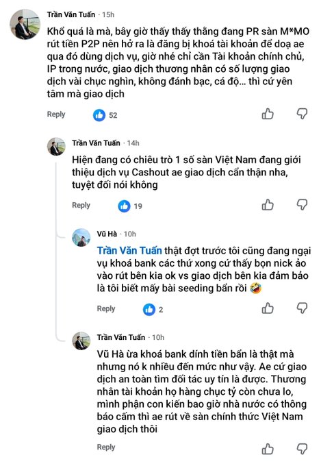 A screenshot of a Vietnamese Facebook comment thread where users Trần Văn Tuấn and Vũ Hà discuss a scam by the 'Sàn M*MO' platform, warning others about P2P withdrawals and account locks.