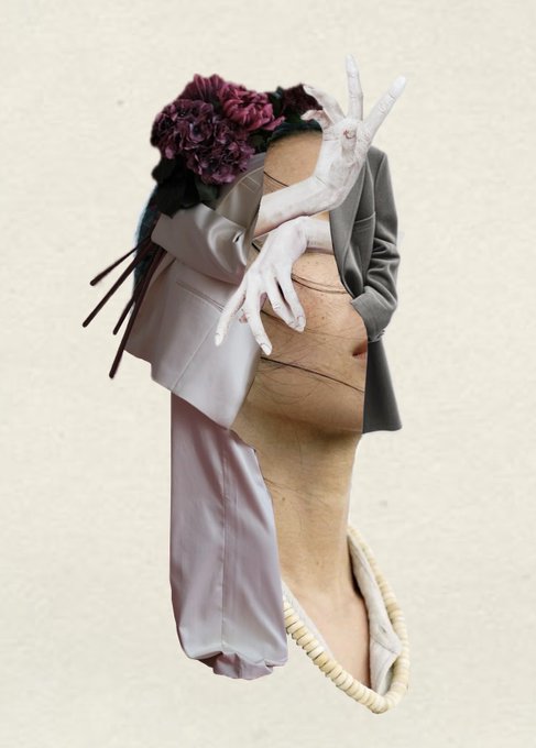 A surreal collage-style portrait of a figure with a bouquet of purple flowers obscuring their head, wearing a draped grey jacket over a beige textured garment with pale, elongated hands. The artwork, uploaded to @objktcom, reflects the avant-garde, mixed-media aesthetic typical of new NFT releases on the platform.