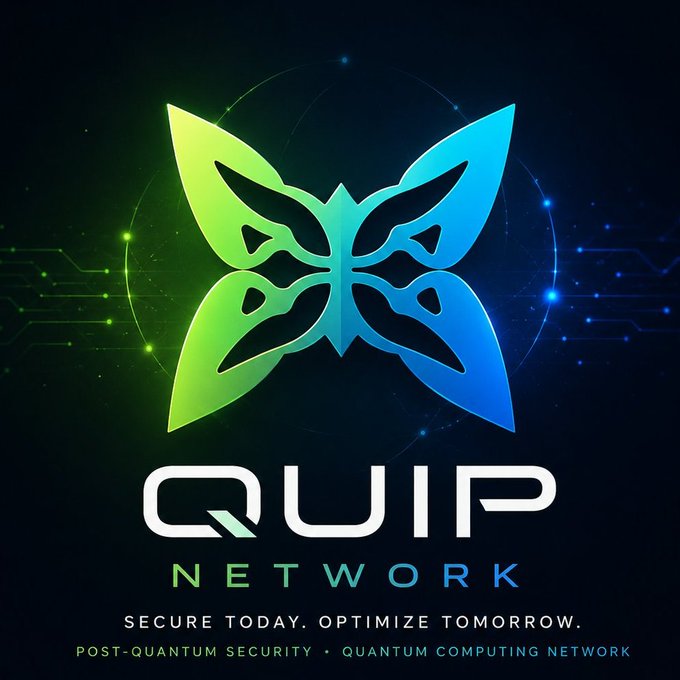 The image features a logo for Quip Network, which is an online marketplace for computing projects. The logo consists of a butterfly design surrounded by blue and green lights against a black background. Below the butterfly logo, there are three lines of text that read "secure today", "optimize tomorrow", and "post-quantum security". These texts emphasize the importance of securing the platform and ensuring the optimal performance of computing projects on Quip Network.