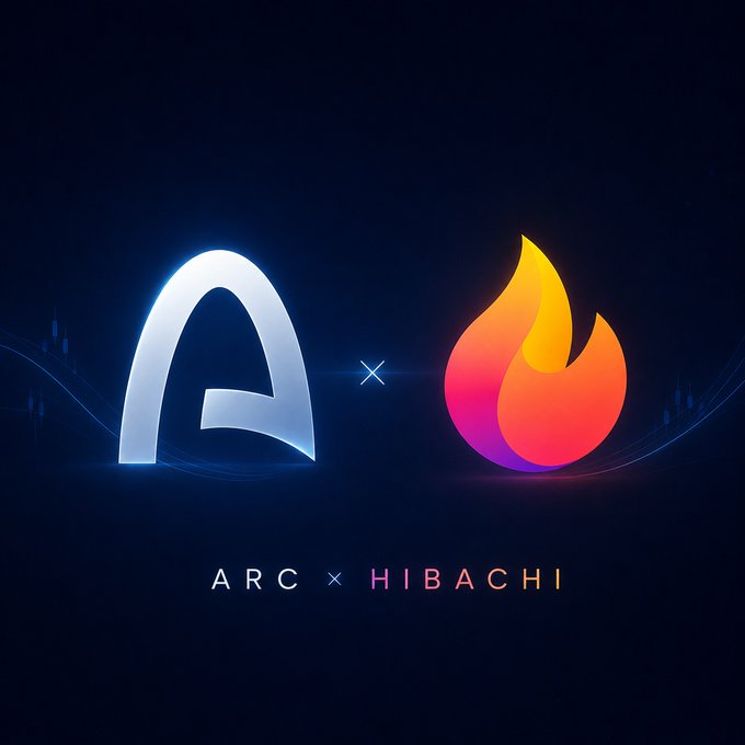 A promotional graphic with the text 'ARC × HIBACHI' displays a silver 'A' logo on the left and a colorful flame icon on the right against a dark blue background with subtle wave patterns.