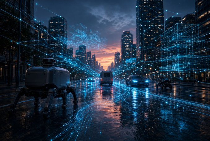 A futuristic cityscape at dusk, featuring tall skyscrapers, a wet street with glowing blue data pathways, and a quadrupedal robot carrying a cargo box.