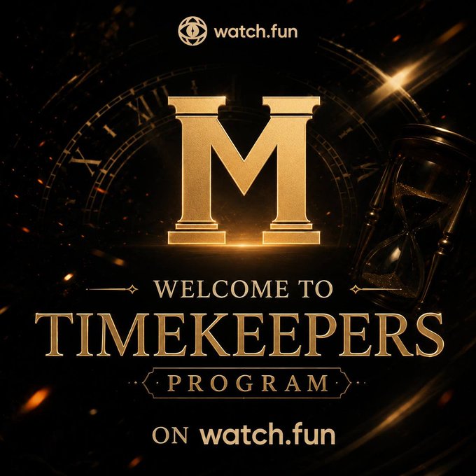 A promotional graphic with gold text on a black background reading "WELCOME TO TIMEKEEPERS PROGRAM ON watch.fun", featuring a large letter 'M' and an hourglass.