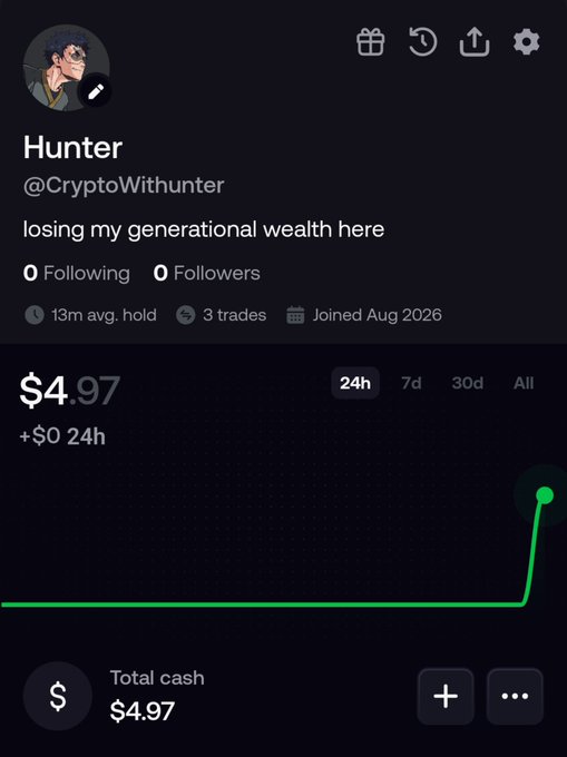 A crypto portfolio profile for 'Hunter' (@CryptoWithunter) with the caption 'losing my generational wealth here', showing a total cash balance of $4.97 and a green line chart.